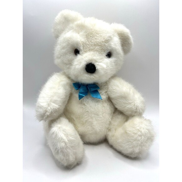 Vintage Dakin White Bear Plush Stuffed Animal Blue Bow 11” Sitting Fuzzy 1990 - Picture 1 of 15